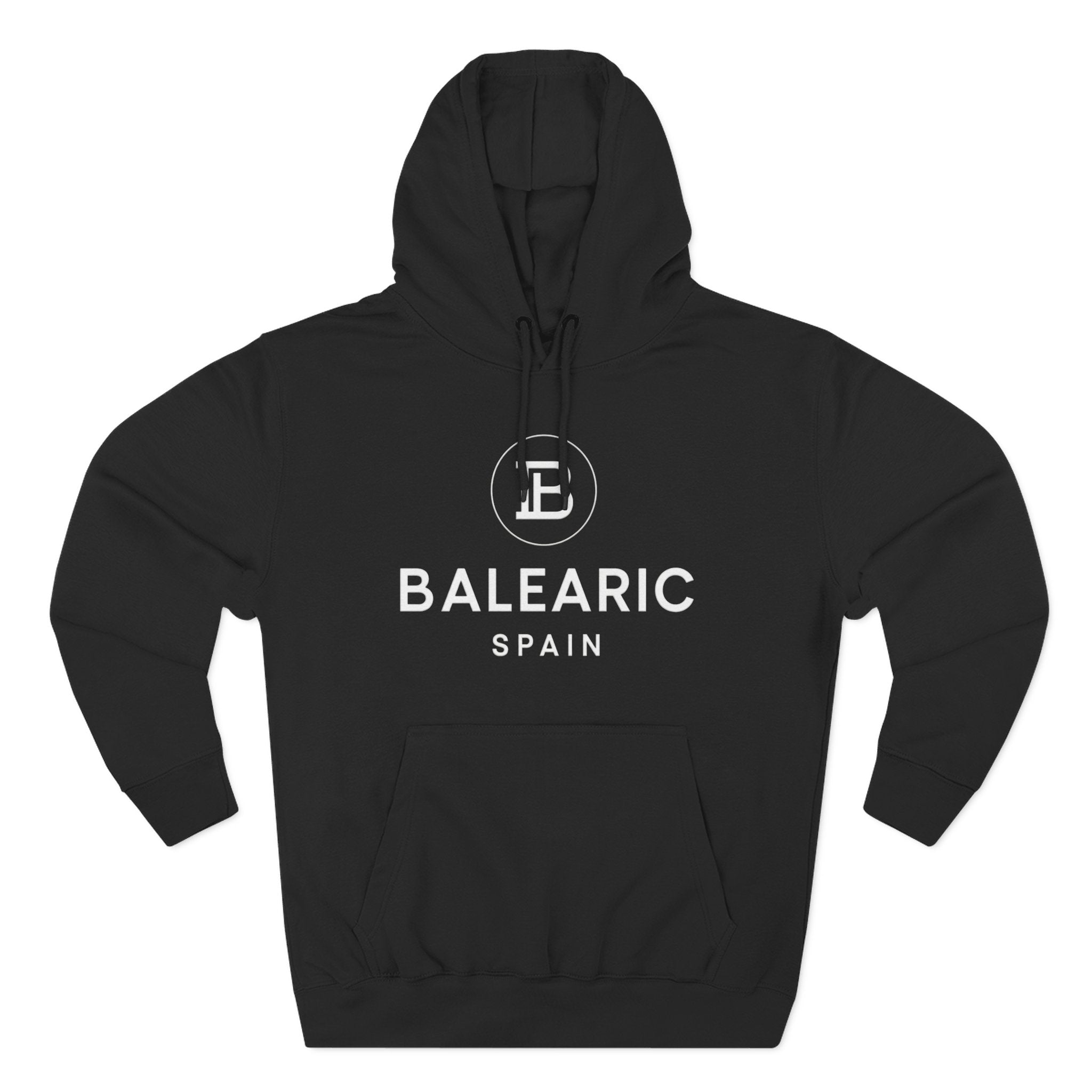 Black hoodie with 'Balearic Spain' text and logo on a white background