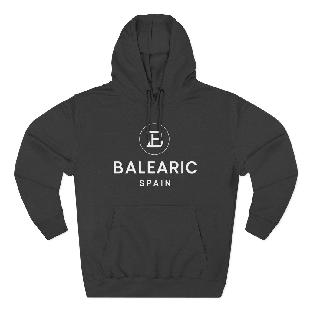 Charcoal Grey hoodie with 'Balearic Spain' text and logo on a white background