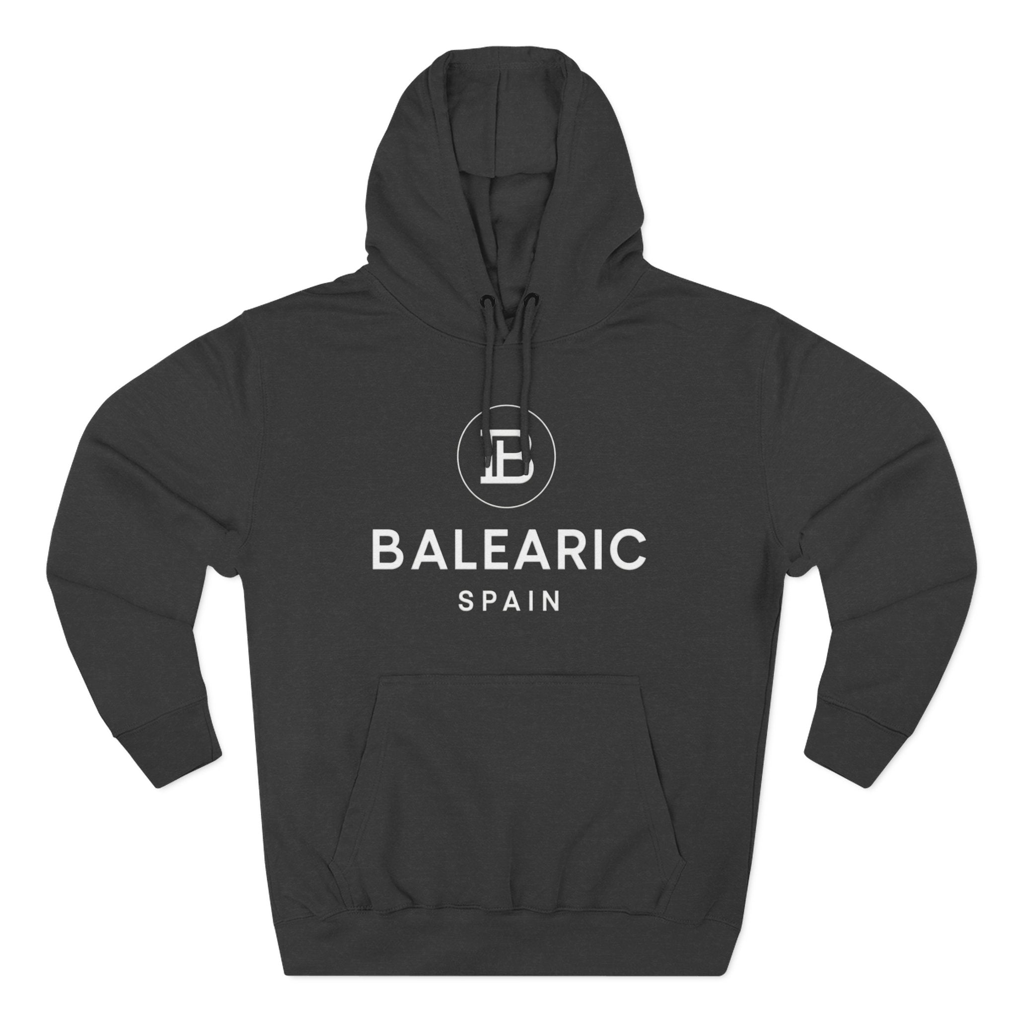 Charcoal Grey hoodie with 'Balearic Spain' text and logo on a white background