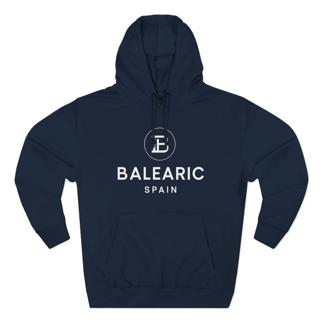 Navy hoodie with 'Balearic Spain' text and logo on a white background