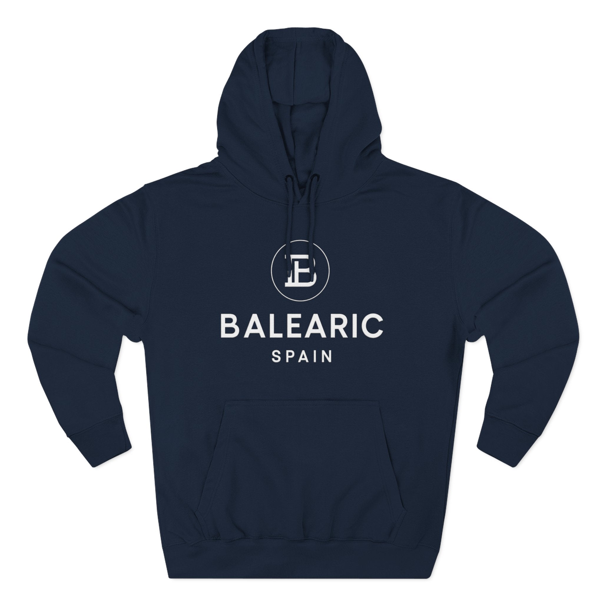 Navy hoodie with 'Balearic Spain' text and logo on a white background