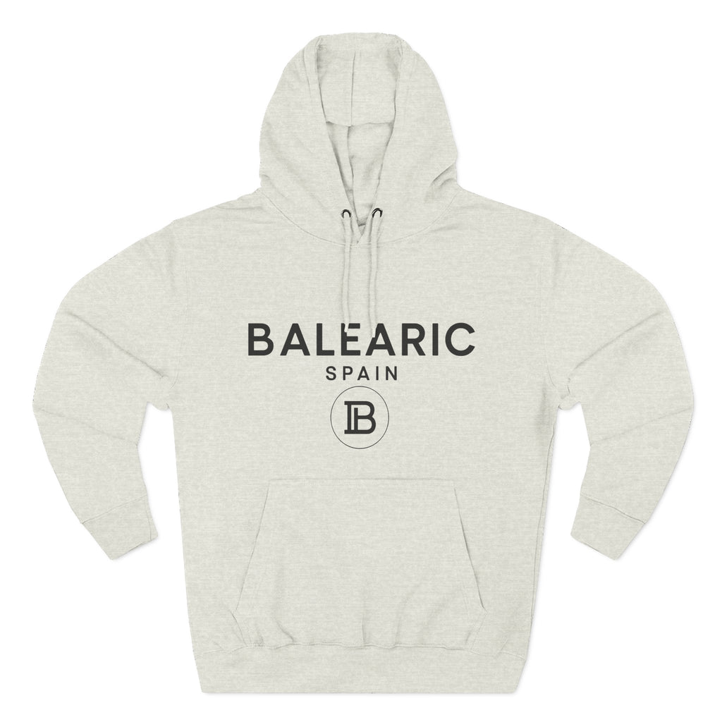 Oatmeal Heather hoodie with 'Balearic Spain' text and logo on a white background