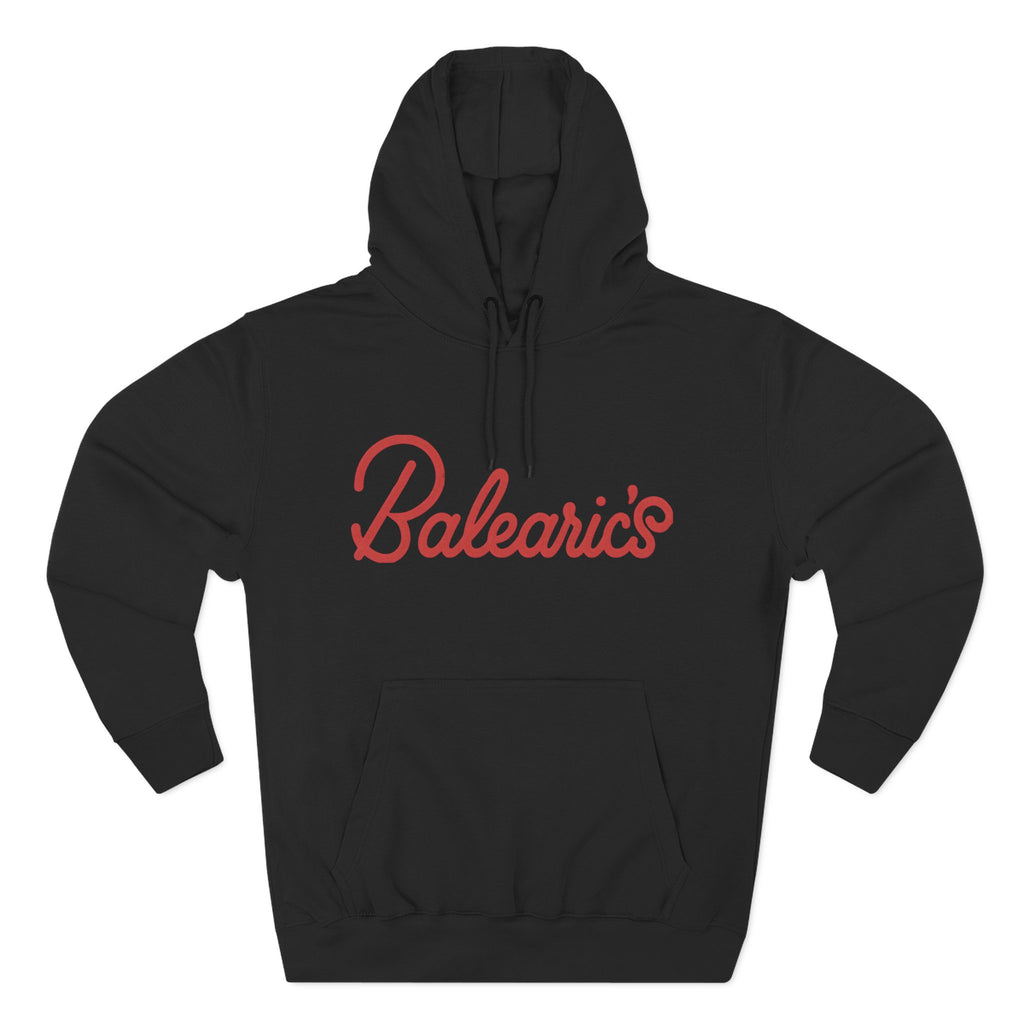 Black hoodie with red 'Balearic's' text on a white background