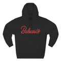 Black hoodie with red 'Balearic's' text on a white background