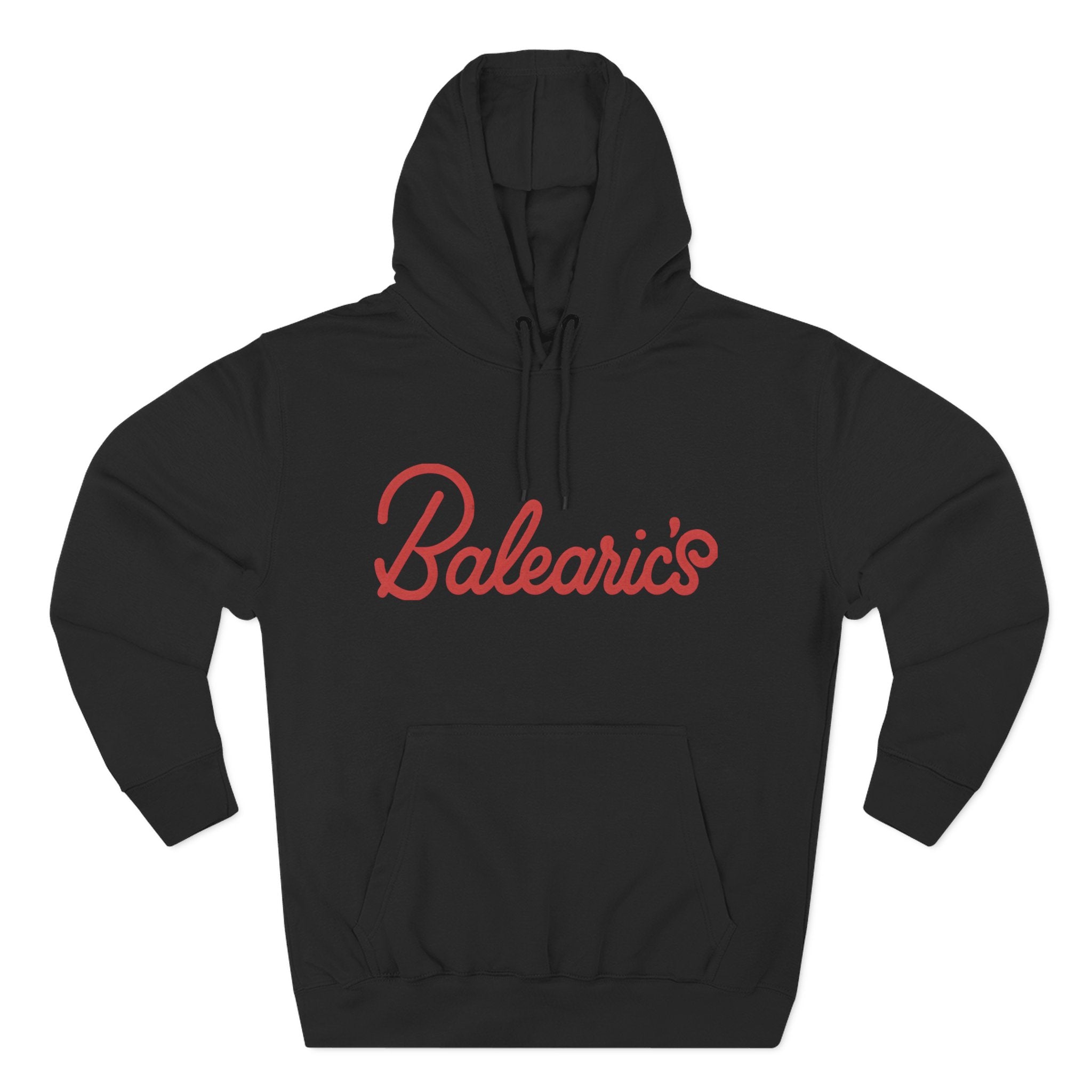 Black hoodie with red 'Balearic's' text on a white background