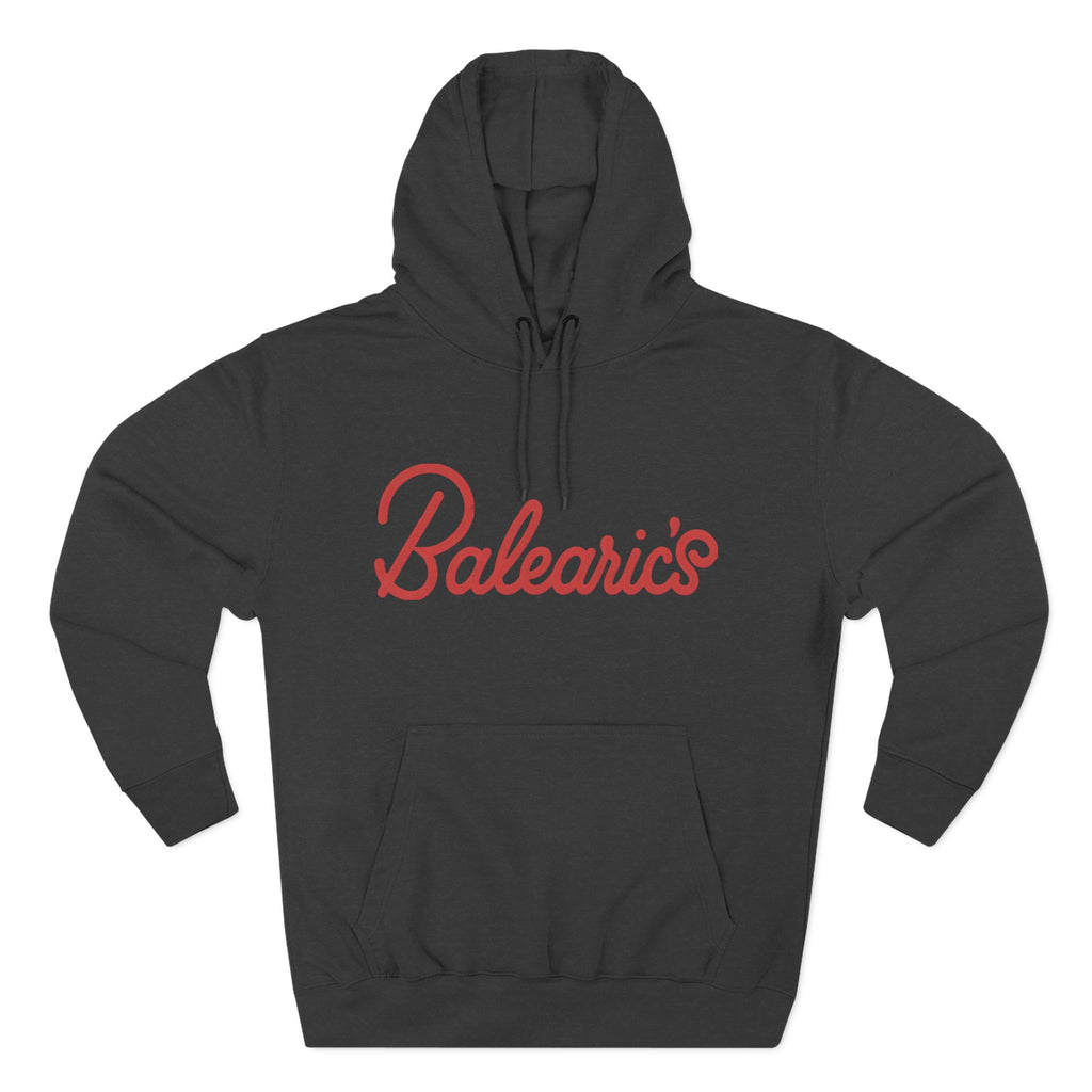 Black hoodie with red 'Balearic's' text on a white background