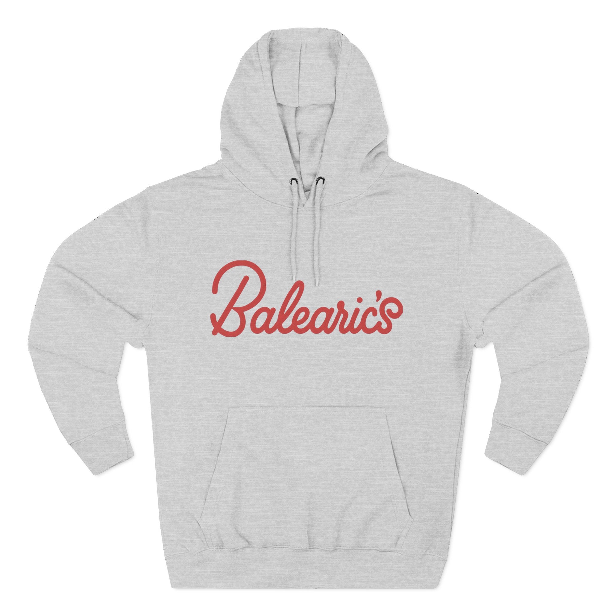 Gray hoodie with 'Balearic's' text in red on a white background