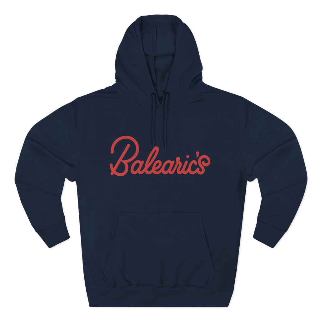 Black hoodie with red 'Balearic's' text on a white background