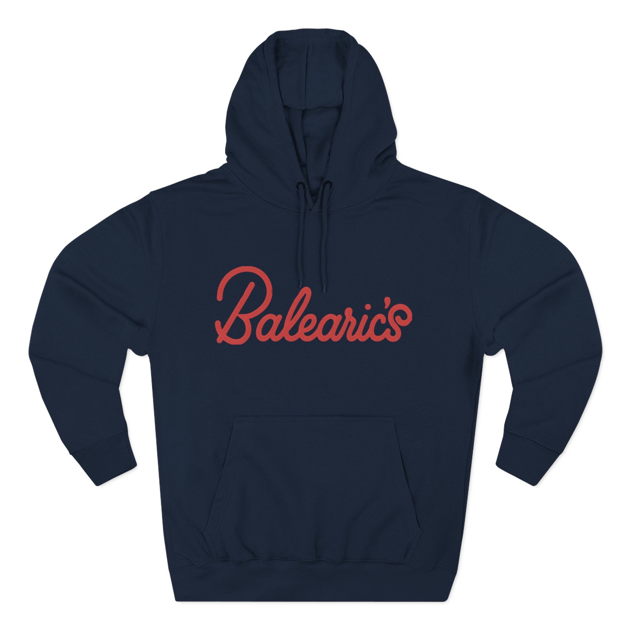Black hoodie with red 'Balearic's' text on a white background