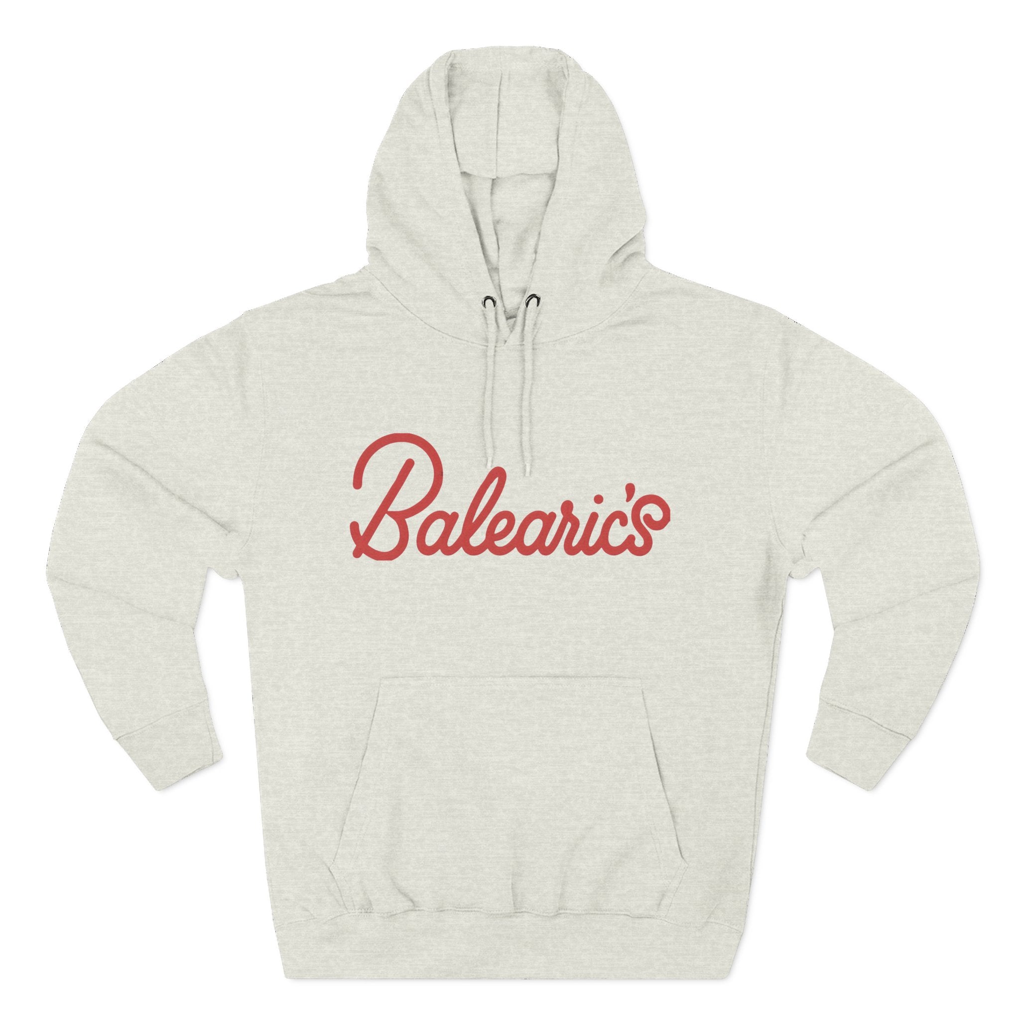 Beige hoodie with 'Balearic's' text in red on a white background