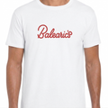 White t-shirt with 'Balearic's' printed in red on a white background