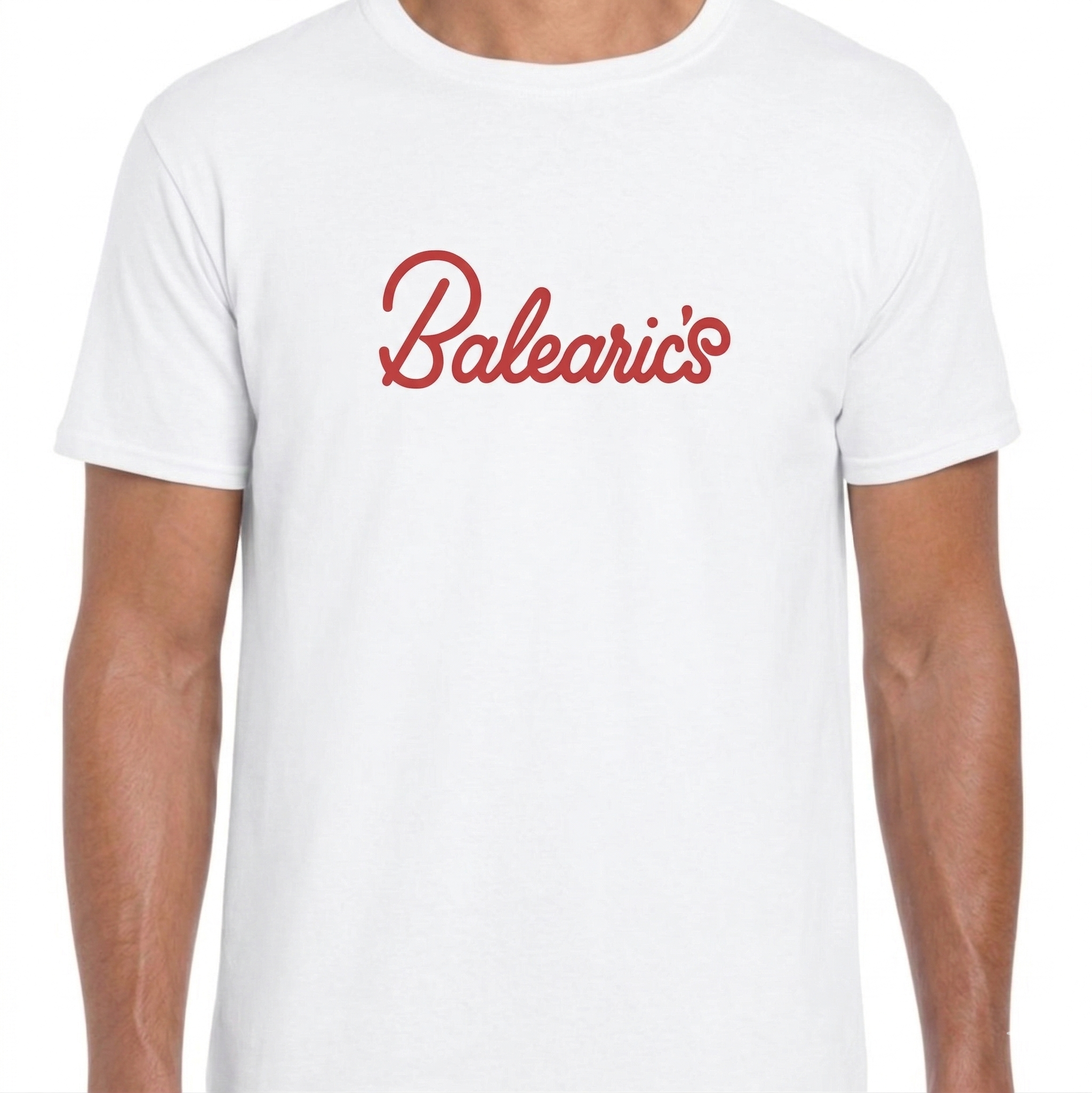 White t-shirt with 'Balearic's' printed in red on a white background