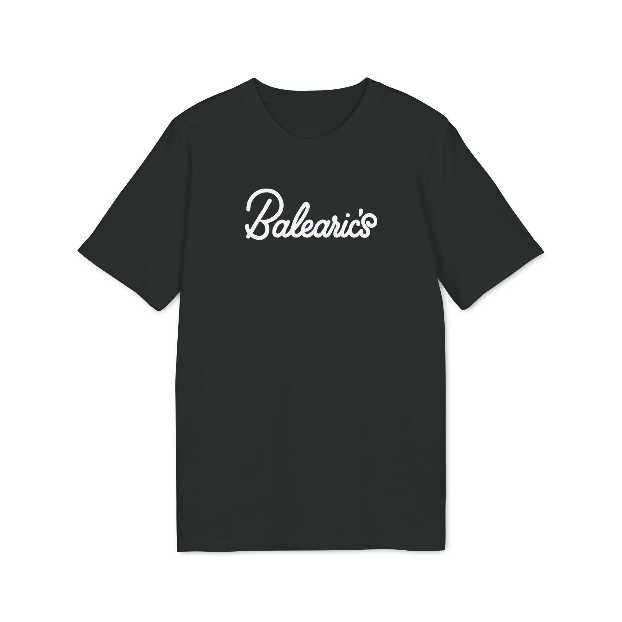Balearic Blend T-shirt: A clean, flat-lay product photograph of the holiday camp weekender graphic tee in Black, featuring the resort parody logo centered on the chest.