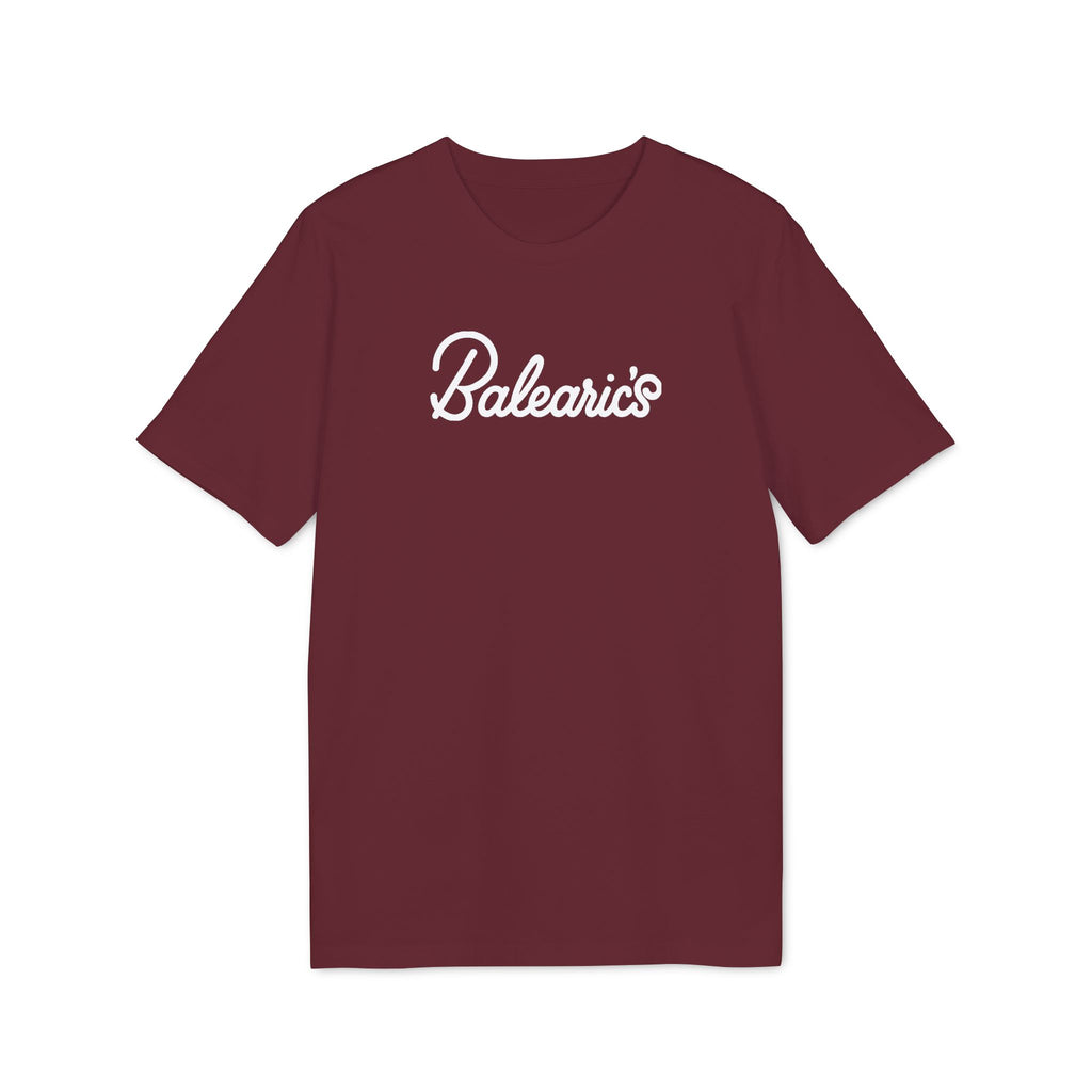 Balearic Blend T-shirt: A clean, flat-lay product photograph of the holiday camp weekender graphic tee in Burgundy Red, featuring the resort parody logo centered on the chest.