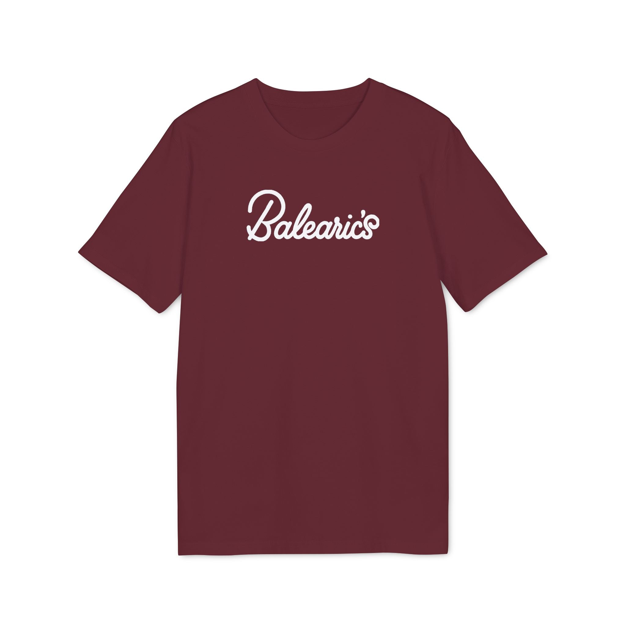 Balearic Blend T-shirt: A clean, flat-lay product photograph of the holiday camp weekender graphic tee in Burgundy Red, featuring the resort parody logo centered on the chest.