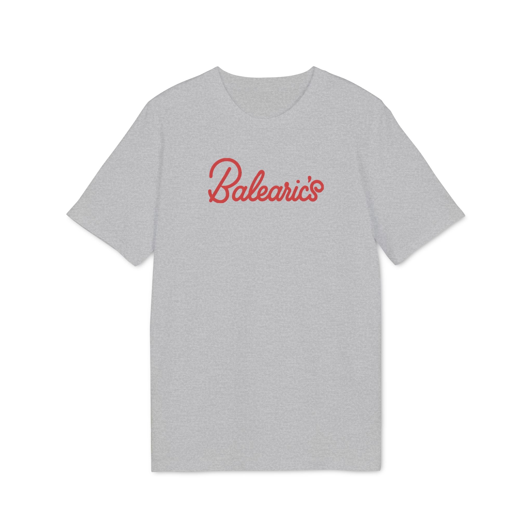 Balearic Blend T-shirt: A clean, flat-lay product photograph of the holiday camp weekender graphic tee in Heather Grey, featuring the resort parody logo centered on the chest.