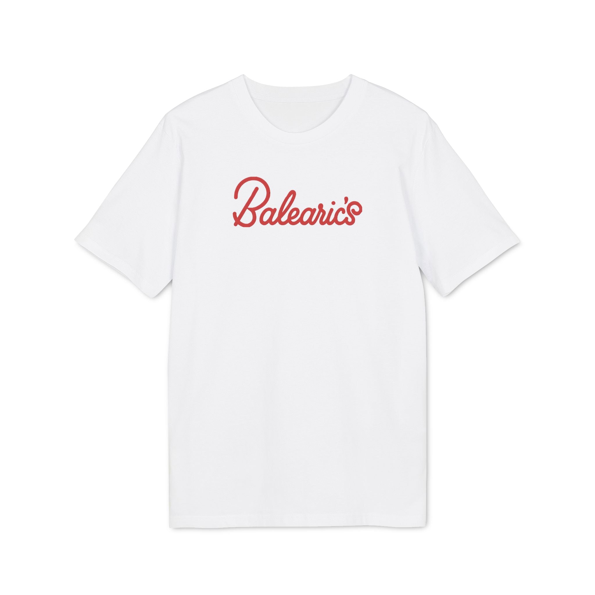 Balearic Blend T-shirt: A clean, flat-lay product photograph of the holiday camp weekender graphic tee in White, featuring the resort parody logo centered on the chest.