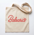 Beige tote bag with 'Balearic's' text in red on a white background