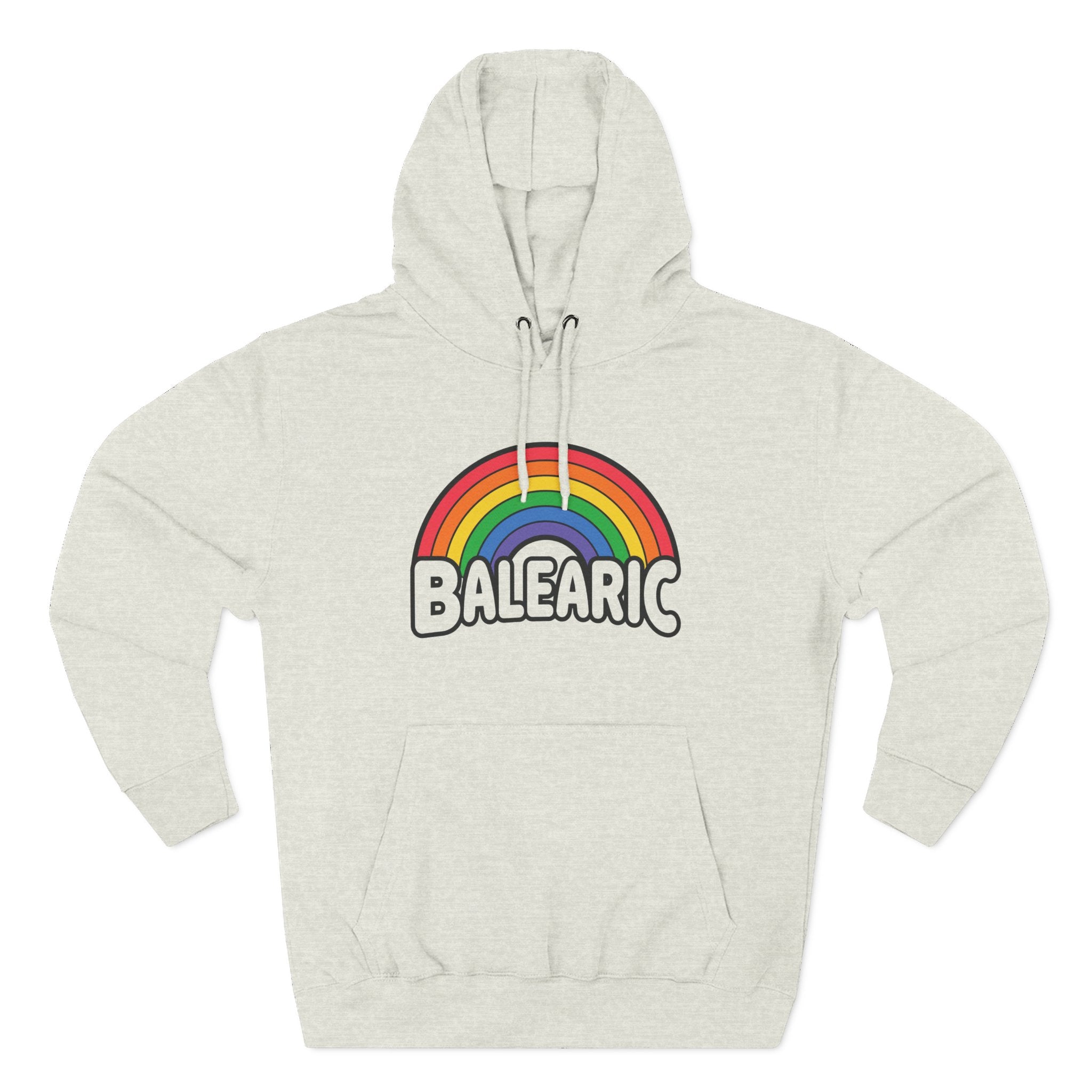 Beige hoodie with rainbow and 'Balearic' text design on a white background