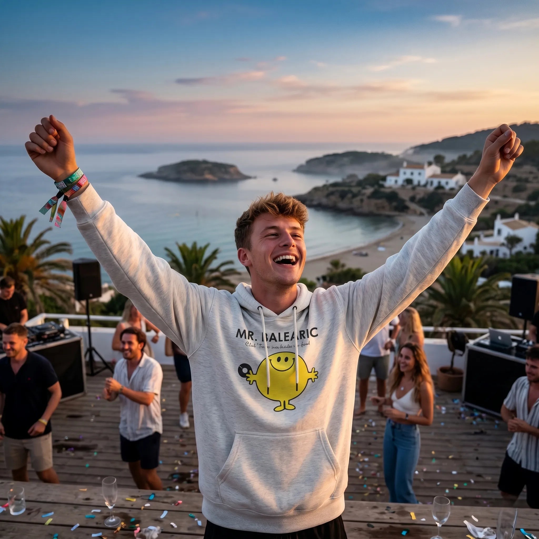Person wearing the Mr. Balearic hoodie with a graphic design, arms raised, at a beachside event.