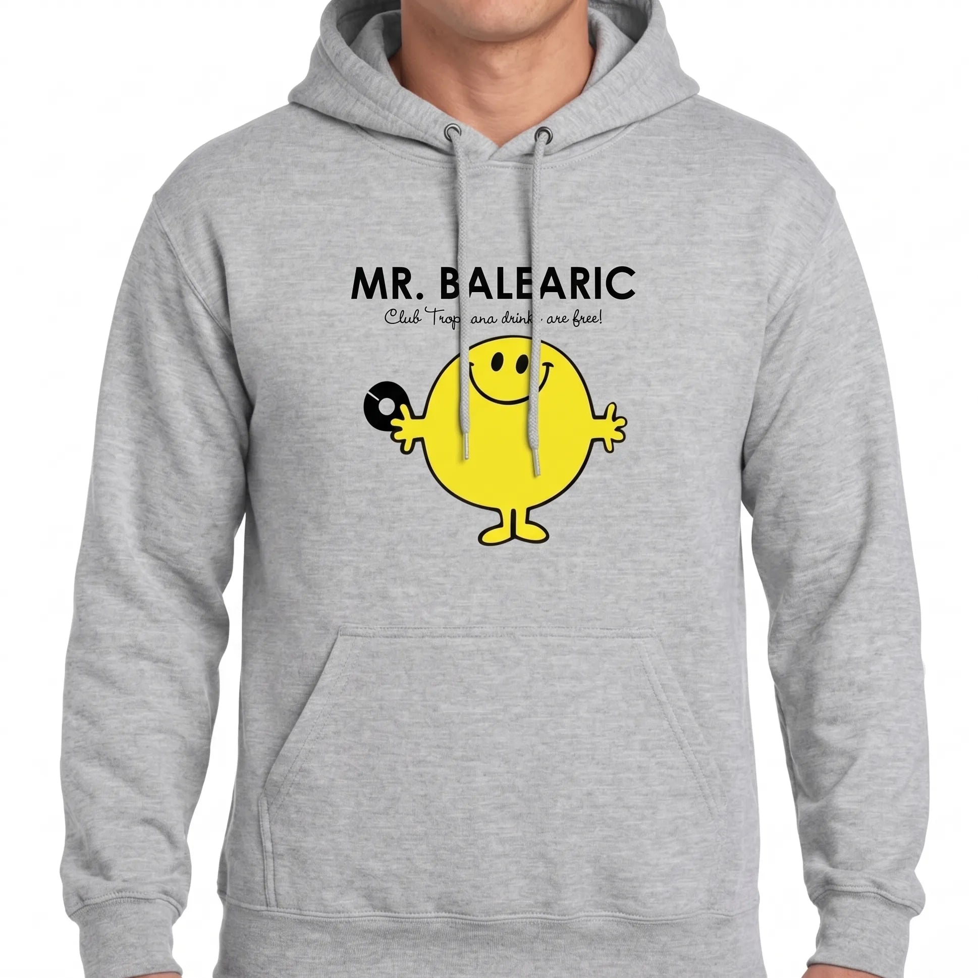 Gray hoodie with a yellow character and 'Mr. Ballearic' text on a white background