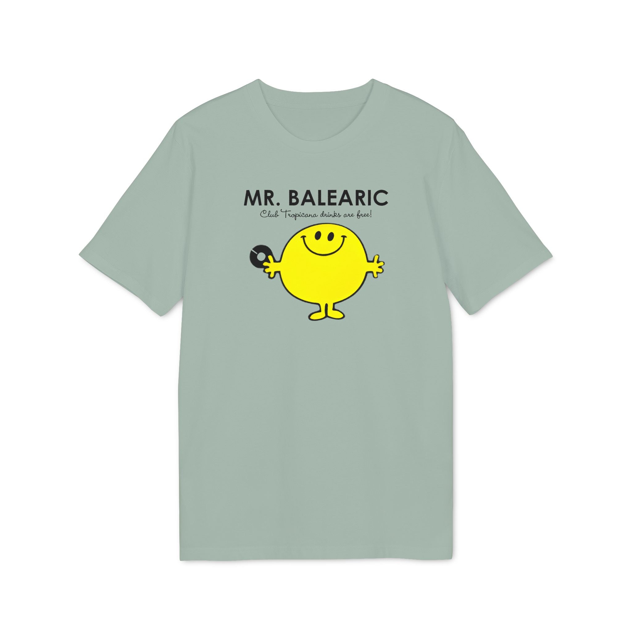 Balearic Blend T-shirt: A clean, flat-lay product photograph of the Mr. Balearic graphic tee in Aloe, featuring the character and tagline logo centered on the chest.