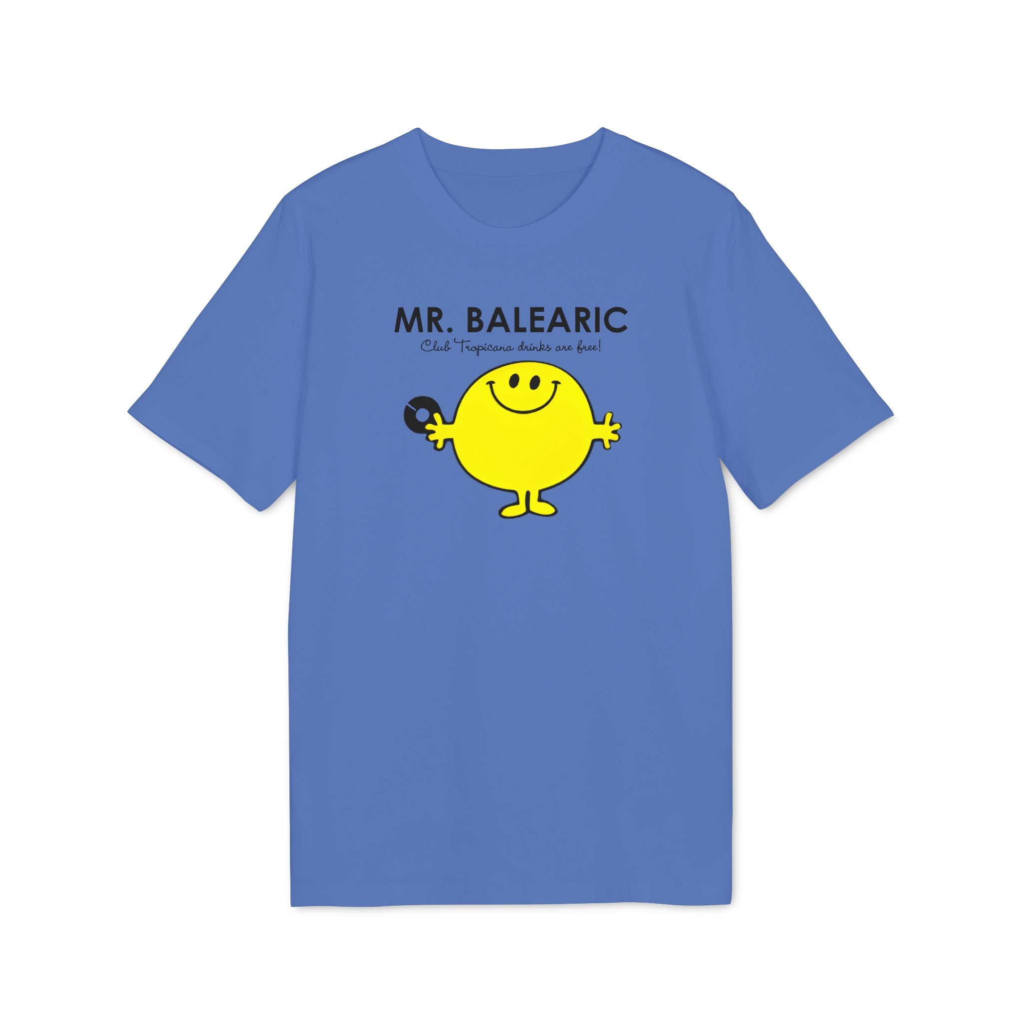Balearic Blend T-shirt: A clean, flat-lay product photograph of the Mr. Balearic graphic tee in Bright Blue, featuring the character and tagline logo centered on the chest.