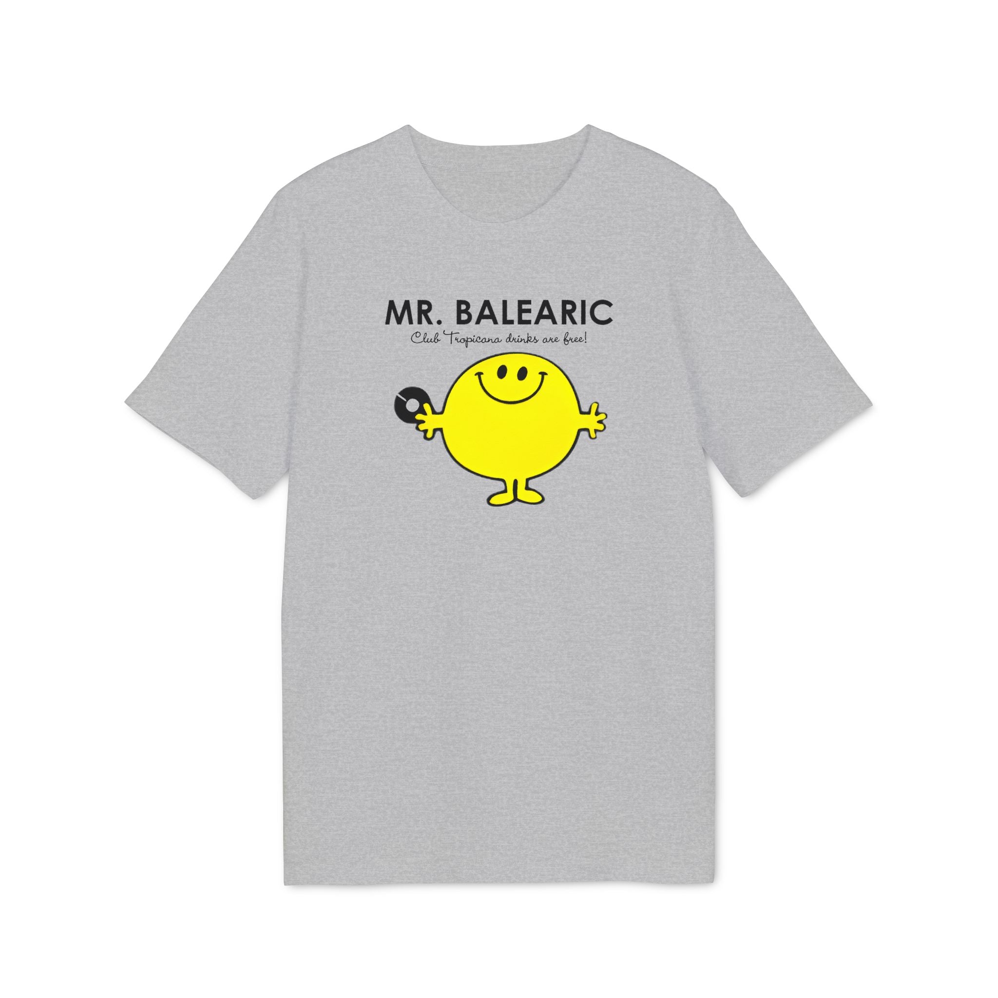 Balearic Blend T-shirt: A clean, flat-lay product photograph of the Mr. Balearic graphic tee in Heather Grey, featuring the character and tagline logo centered on the chest.