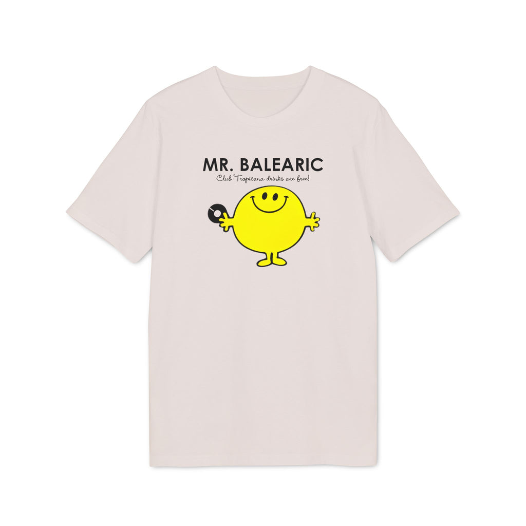 Balearic Blend T-shirt: A clean, flat-lay product photograph of the Mr. Balearic graphic tee in Vintage White, featuring the character and tagline logo centered on the chest.