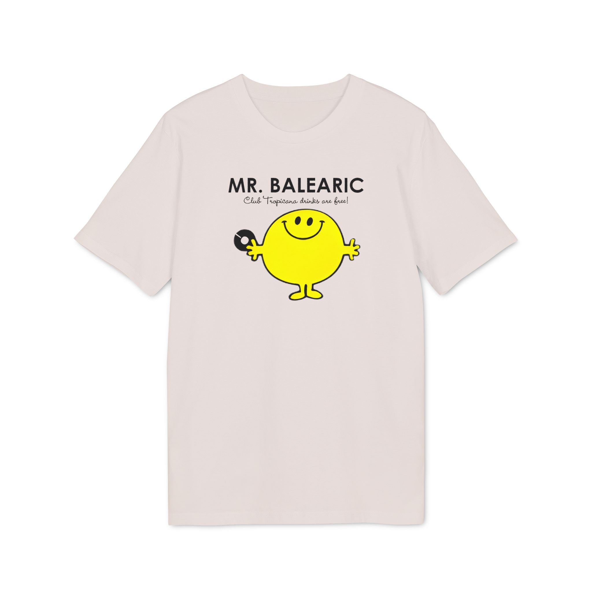 Balearic Blend T-shirt: A clean, flat-lay product photograph of the Mr. Balearic graphic tee in Vintage White, featuring the character and tagline logo centered on the chest.