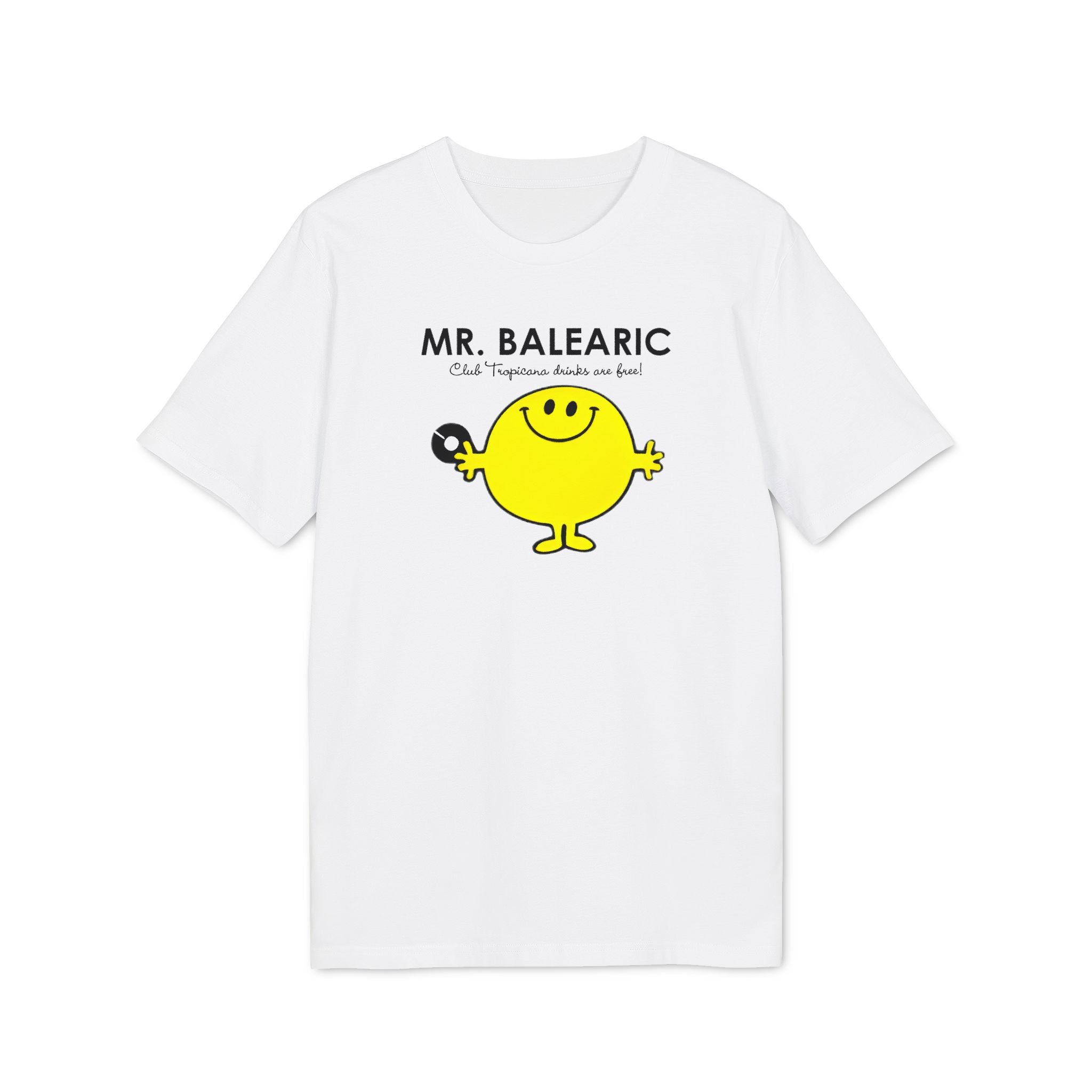 Balearic Blend T-shirt: A clean, flat-lay product photograph of the Mr. Balearic graphic tee in White, featuring the character and tagline logo centered on the chest.