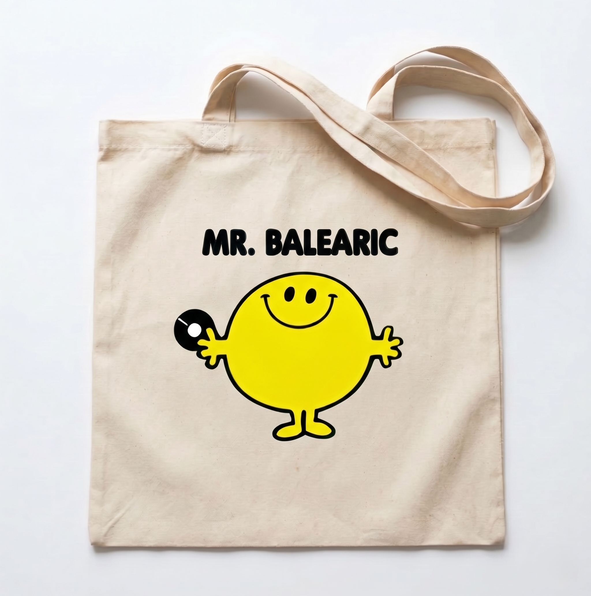 Tote bag with a yellow character and 'MR. BALEARIC' text on a white background