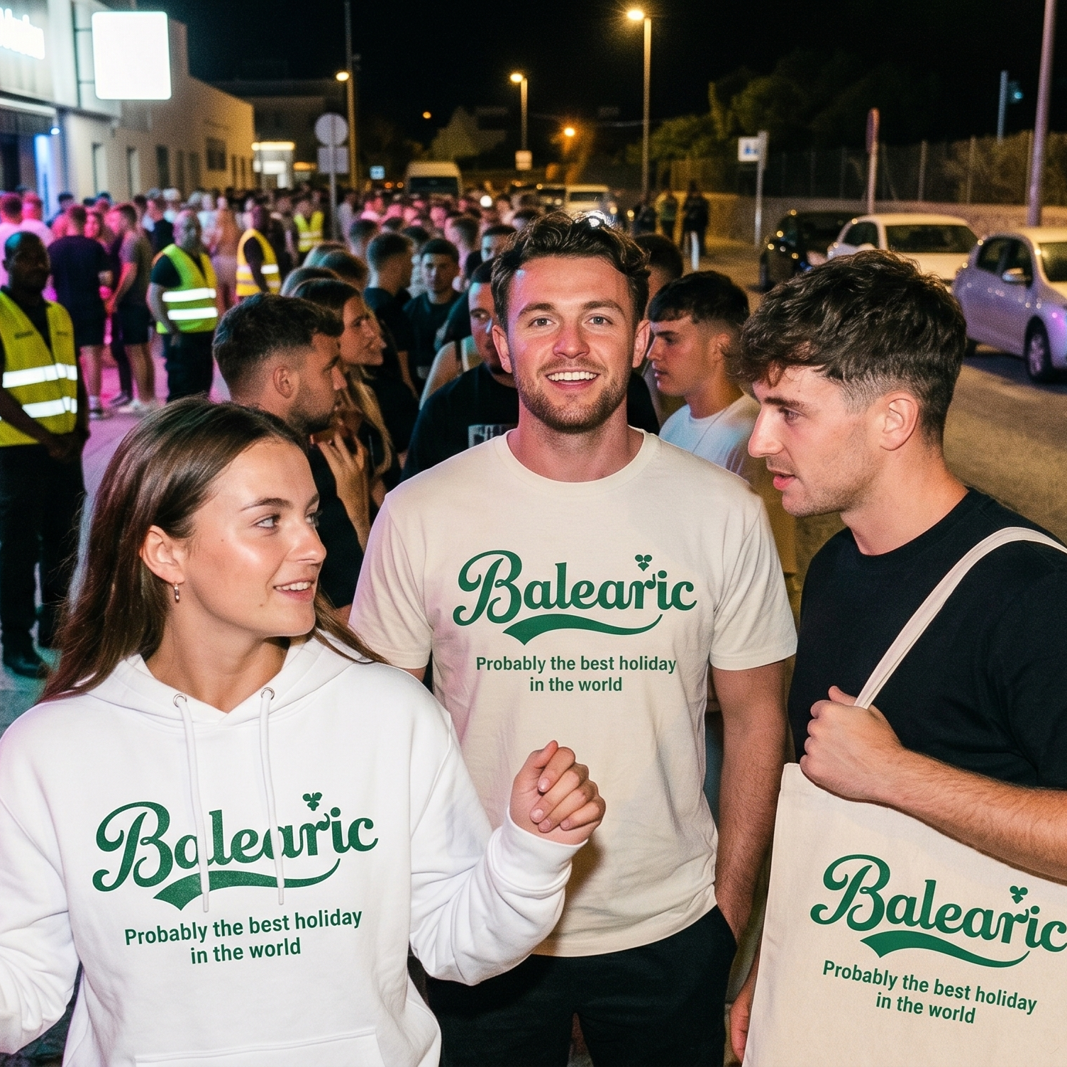 People wearing 'Balearic - Probably the best' branded clothing and a tote bag in a crowded outdoor setting at night.