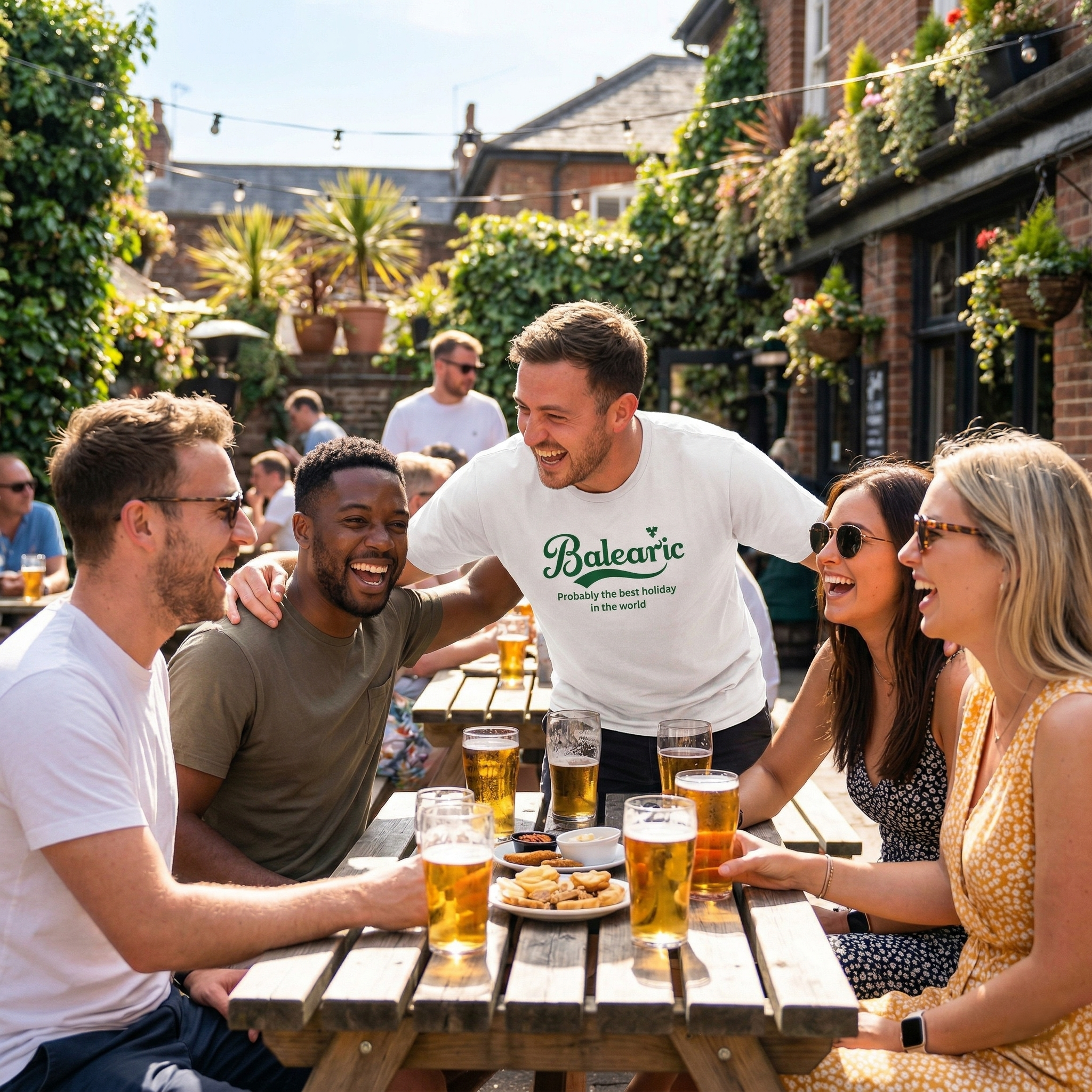Group of people enjoying drinks at an outdoor pub garden. One of the group wears a Probably The Best T-Shirt design.