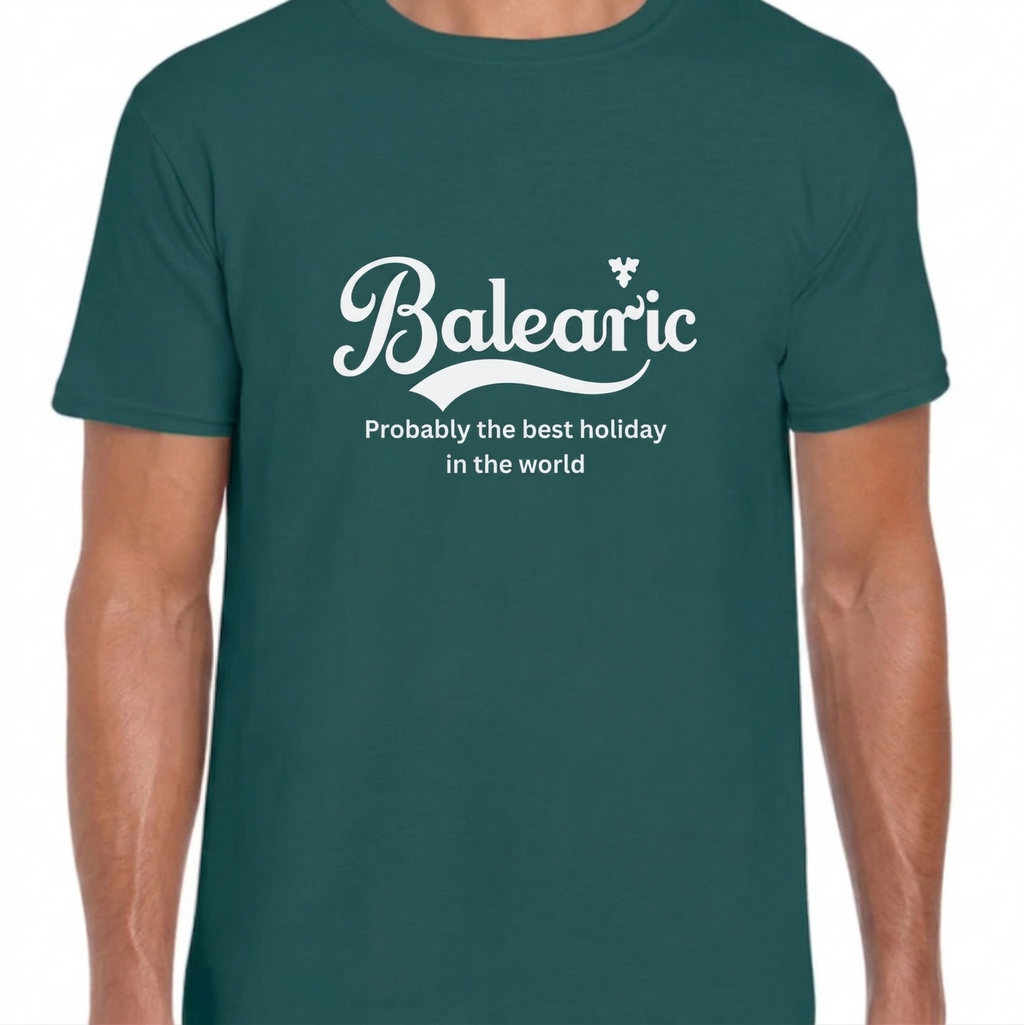 Green t-shirt with 'Balearic Probably the best holiday in the world' text on a white background