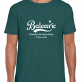 Green t-shirt with 'Balearic Probably the best holiday in the world' text on a white background