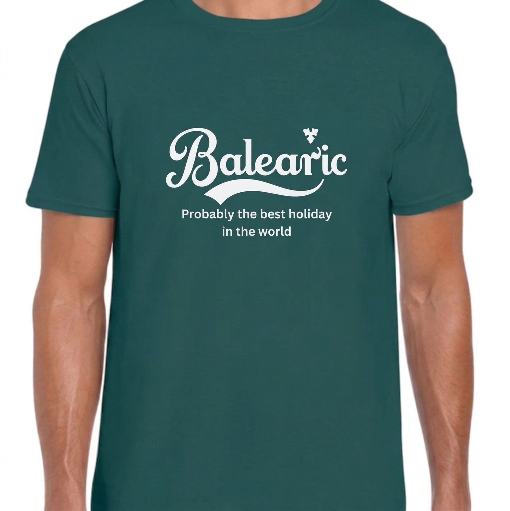 Green t-shirt with 'Balearic Probably the best holiday in the world' text on a white background